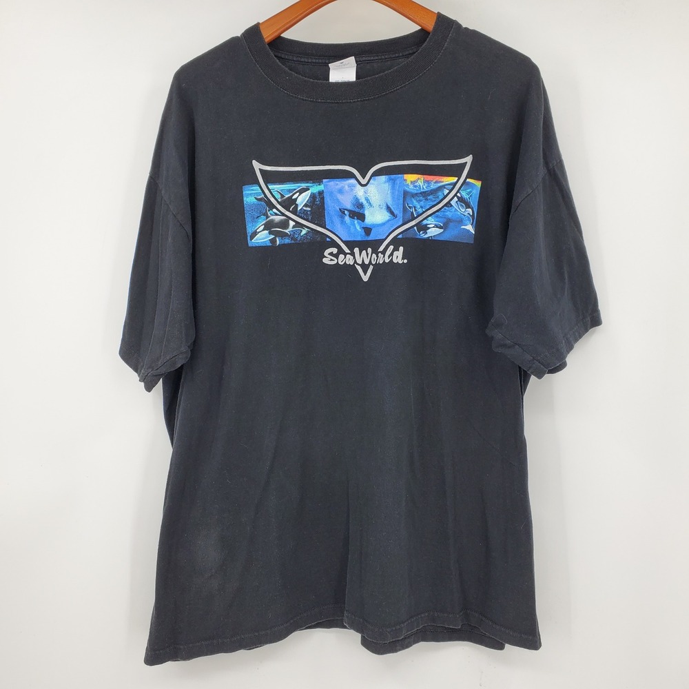 Vintage SeaWorld Orca Whale Tail Graphic T-Shirt Mens 2XL Anvil Shamu Theme Park
